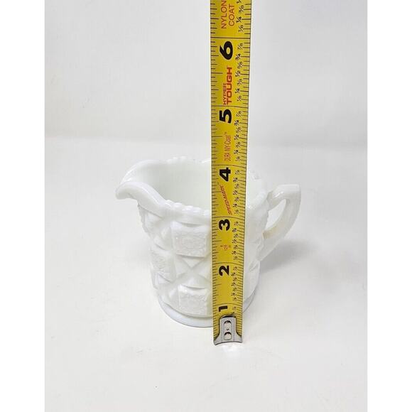 Milk Glass Cream Sugar Set Old Quilt Pattern White Vintage 1940s Westmoreland - Picture 8 of 13
